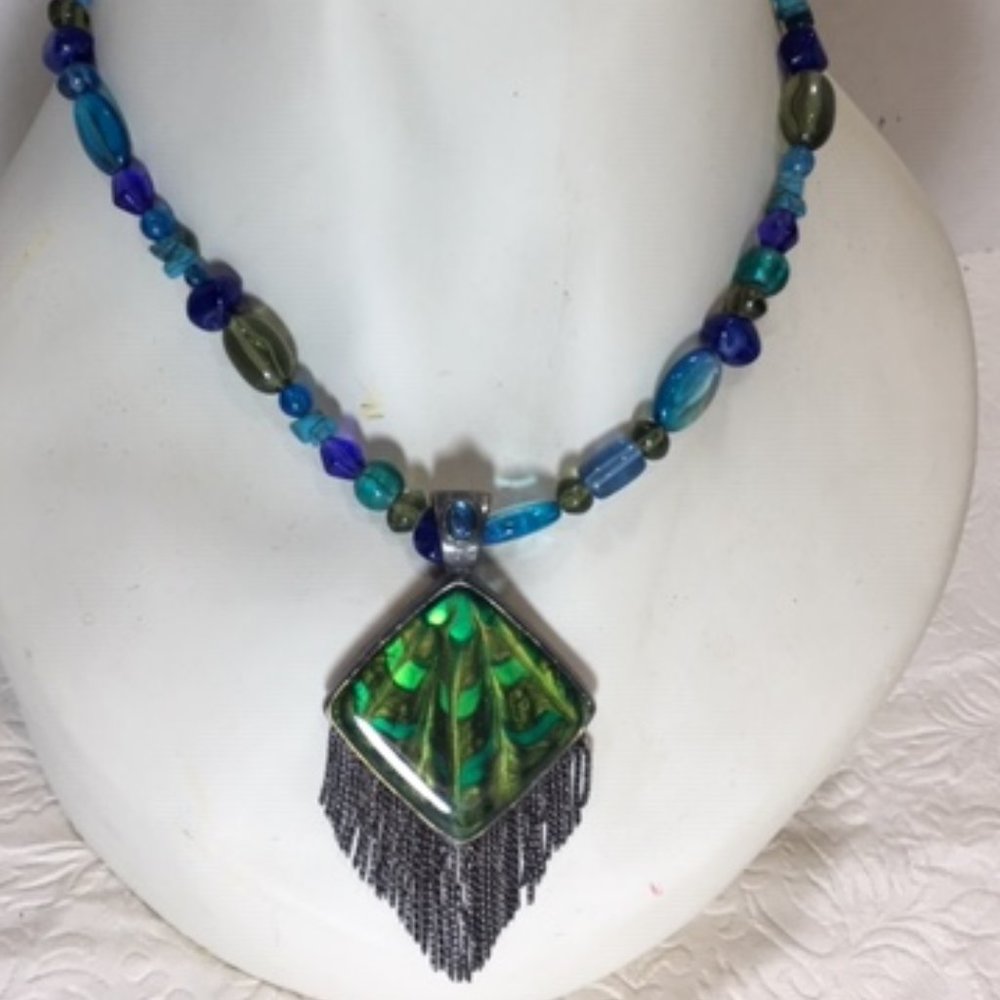 Vintage Chico's Stones Beads Peacock Feather Enamel Medallion Necklace